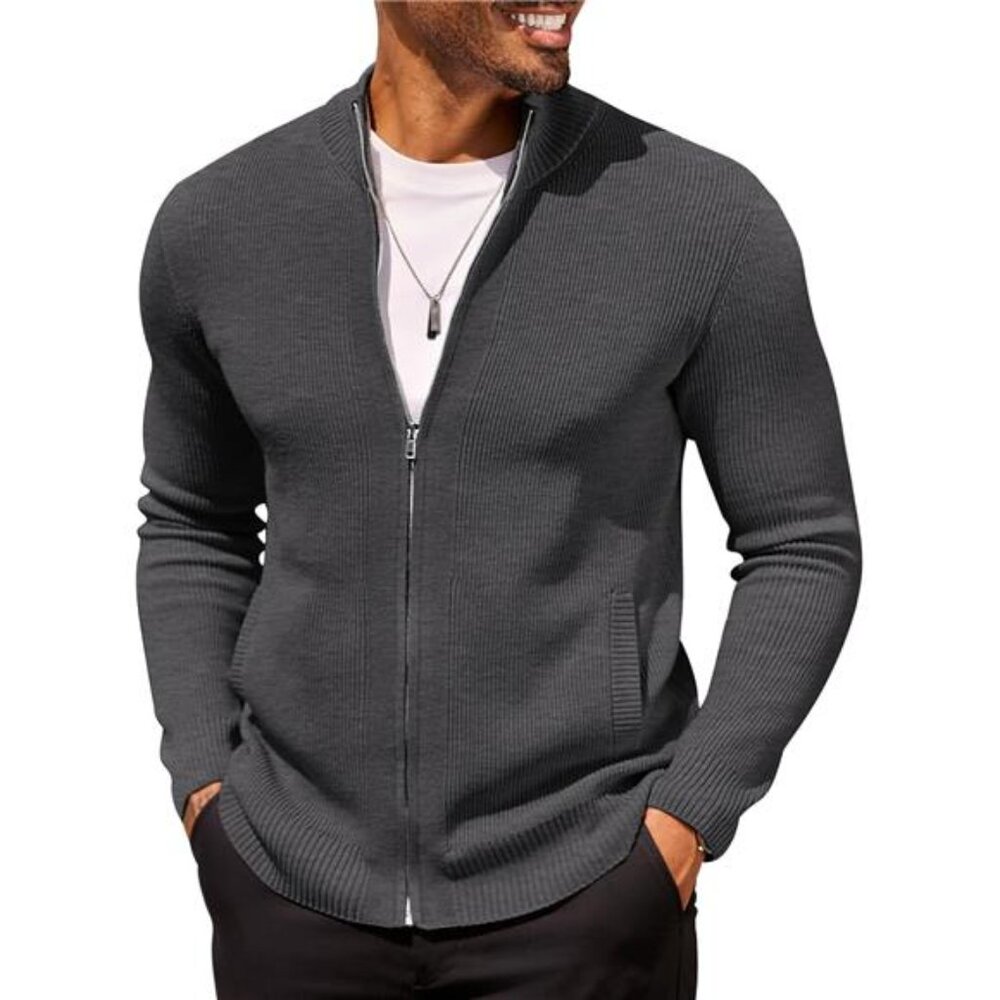 Mens Zip Up Cardigan Sweater Slim Fit Knit Full Zip Stand Collar Casual Sweater